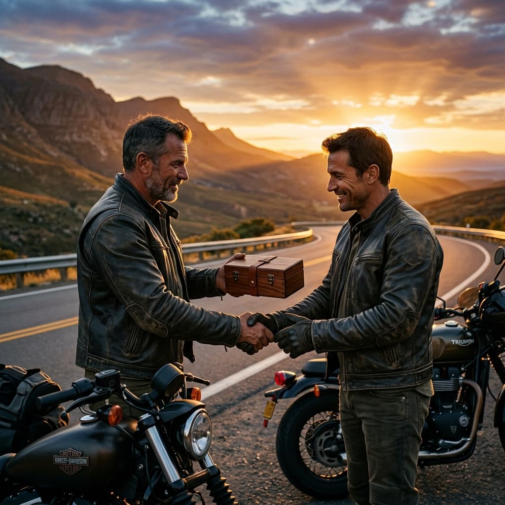 Bikers giving a gift at sunset