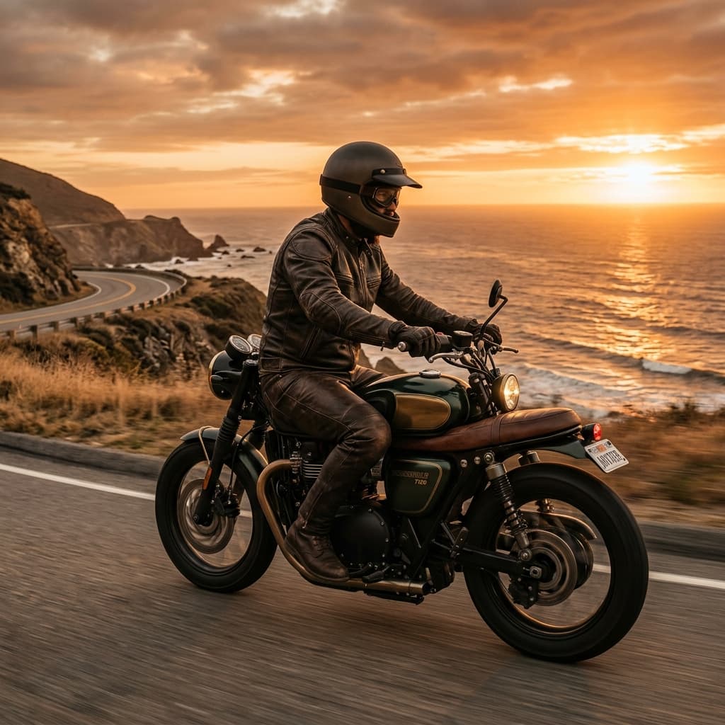 Motorcycle rider at sunset